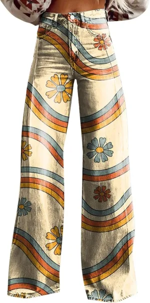Wide Leg Flare Jeans for Women with Pockets Baggy Pants Vintage Floral Print High Waisted Loose Pant