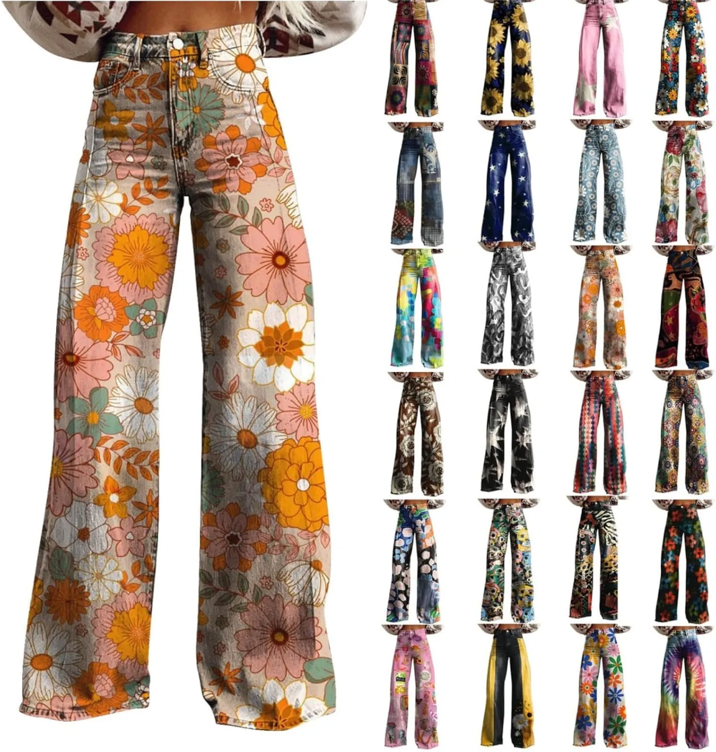 Wide Leg Flare Jeans for Women with Pockets Baggy Pants Vintage Floral Print High Waisted Loose Pant