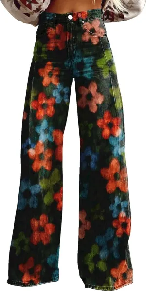 Wide Leg Flare Jeans for Women with Pockets Baggy Pants Vintage Floral Print High Waisted Loose Pant