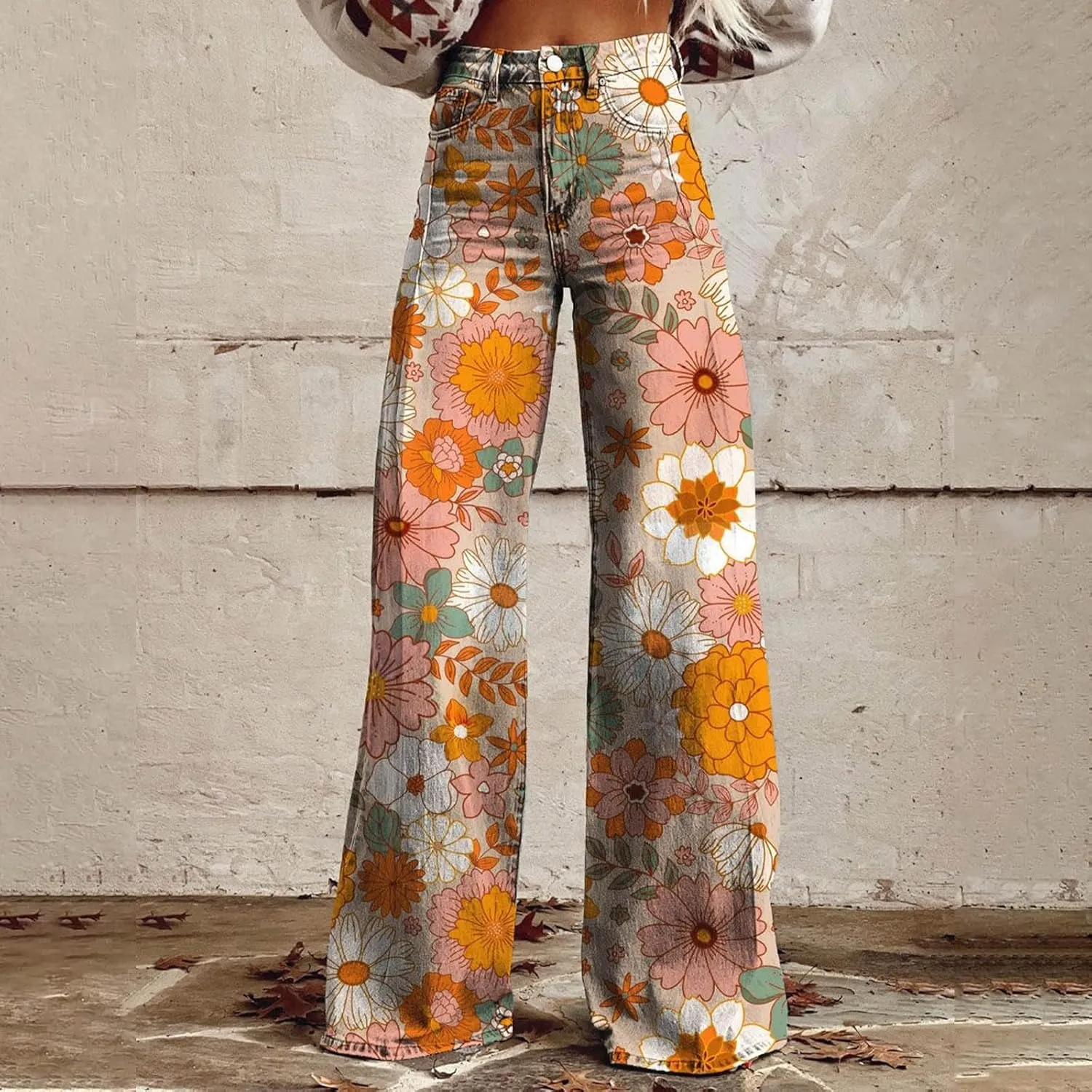Wide Leg Flare Jeans for Women with Pockets Baggy Pants Vintage Floral Print High Waisted Loose Pant