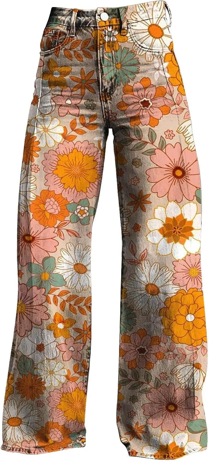 Wide Leg Flare Jeans for Women with Pockets Baggy Pants Vintage Floral Print High Waisted Loose Pant