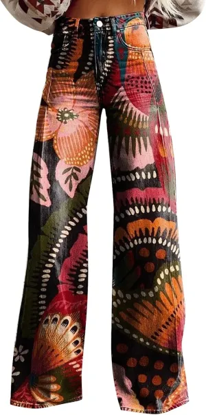 Wide Leg Flare Jeans for Women with Pockets Baggy Pants Vintage Floral Print High Waisted Loose Pant