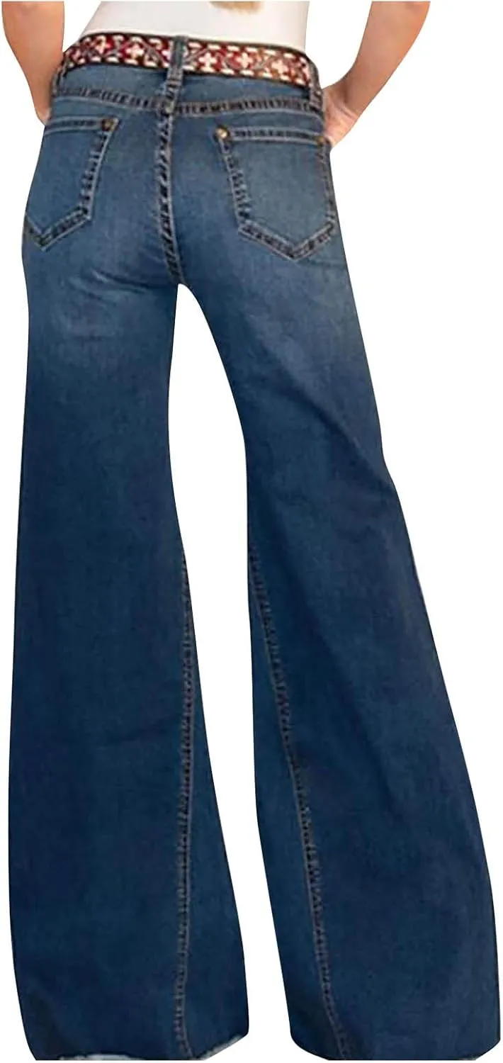 Wide Leg Jeans Women Flare Bell Bottom Jeans Button High Waist Bootcut Pants Plus Size Retro Denim Pants