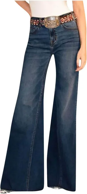 Wide Leg Jeans Women Flare Bell Bottom Jeans Button High Waist Bootcut Pants Plus Size Retro Denim Pants