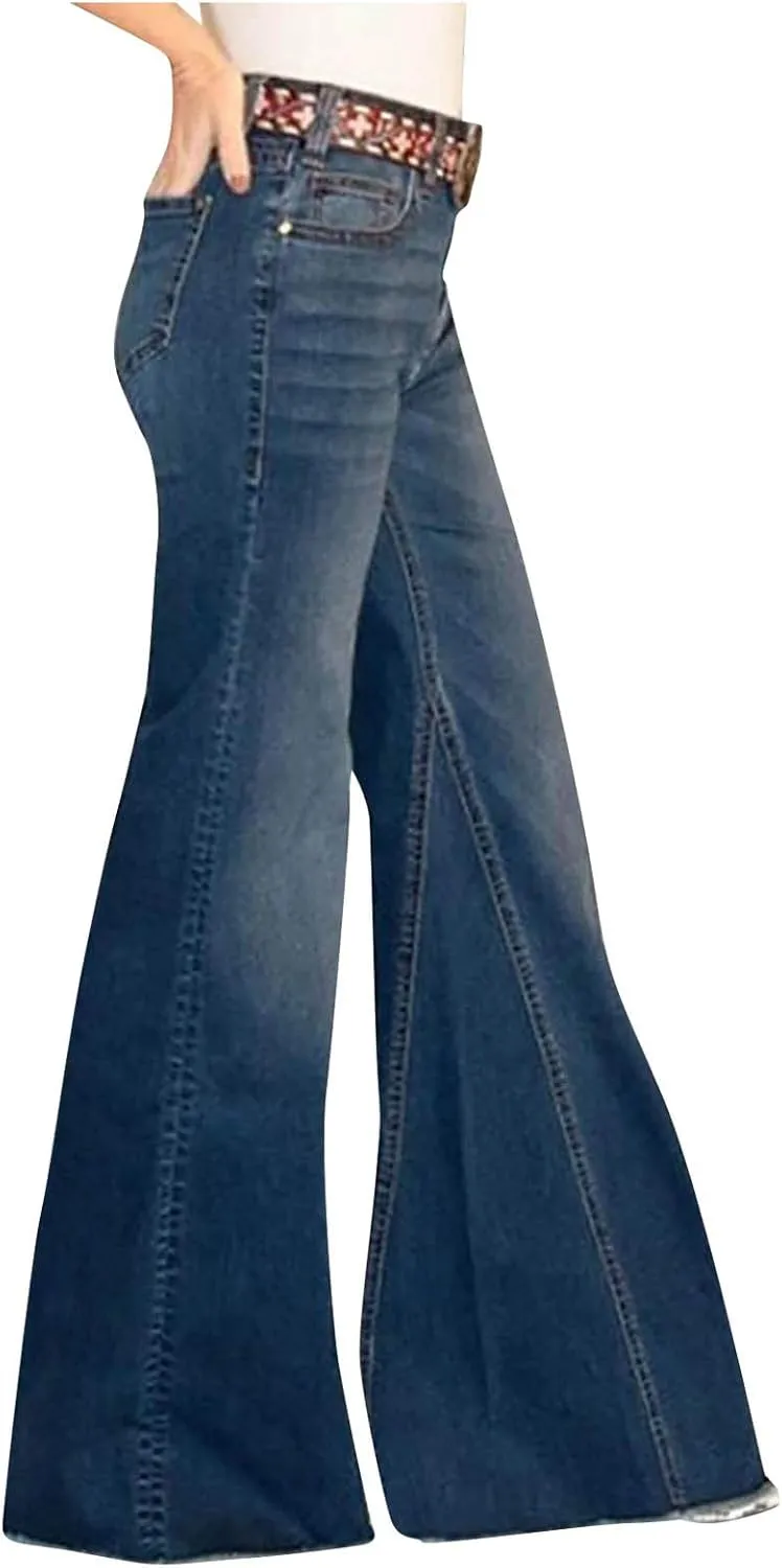 Wide Leg Jeans Women Flare Bell Bottom Jeans Button High Waist Bootcut Pants Plus Size Retro Denim Pants