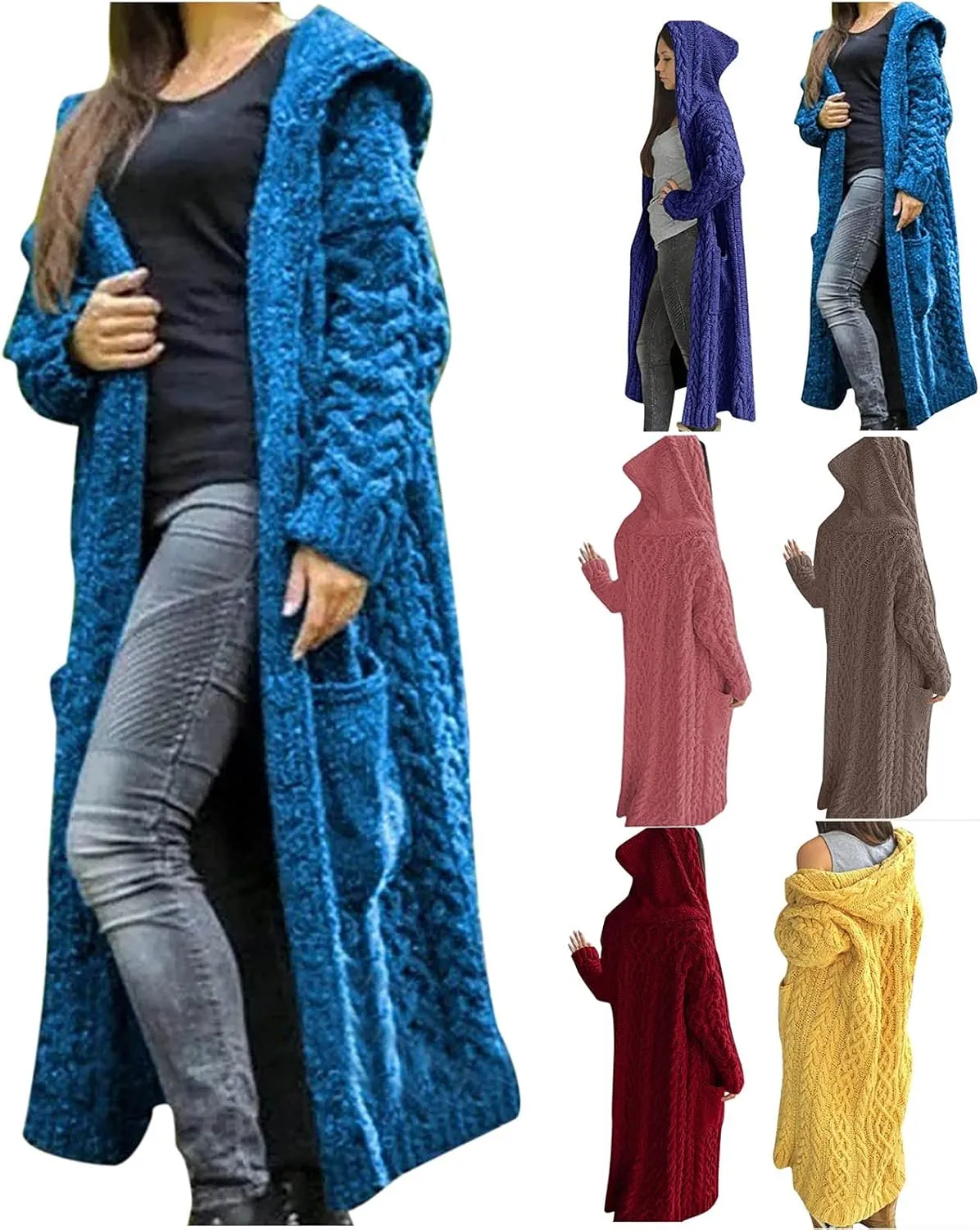 Wkishenl Long Cardigan Sweaters for Women Cable Knit Long Sleeve Hooded Coats Open Front Fall Winter Casual Loose Outerwear