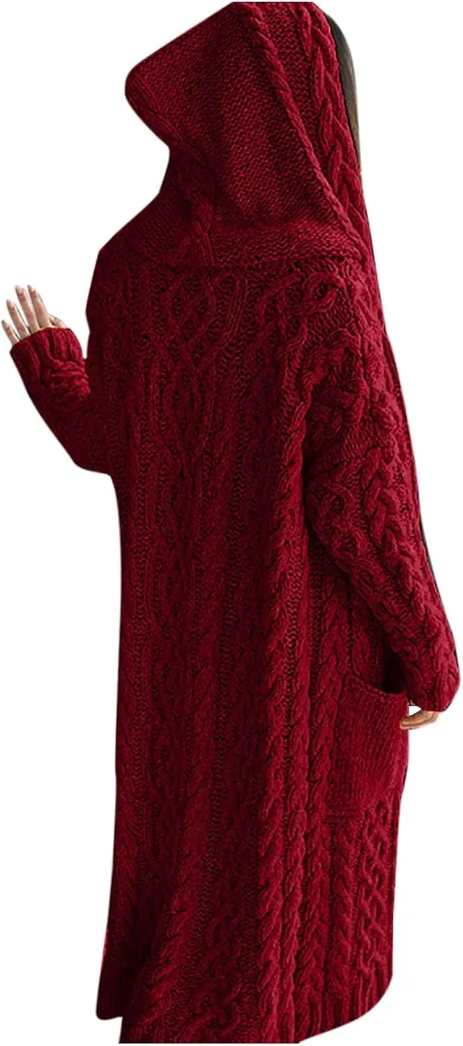 Wkishenl Long Cardigan Sweaters for Women Cable Knit Long Sleeve Hooded Coats Open Front Fall Winter Casual Loose Outerwear