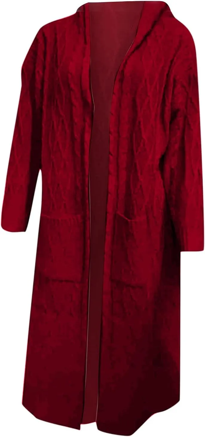 Wkishenl Long Cardigan Sweaters for Women Cable Knit Long Sleeve Hooded Coats Open Front Fall Winter Casual Loose Outerwear