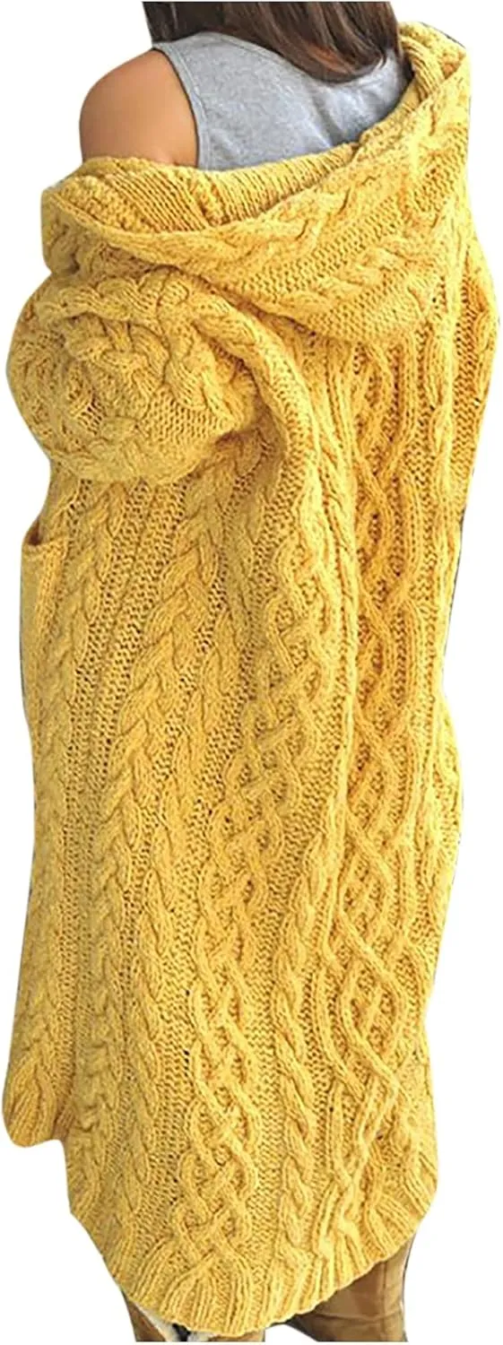 Wkishenl Long Cardigan Sweaters for Women Cable Knit Long Sleeve Hooded Coats Open Front Fall Winter Casual Loose Outerwear
