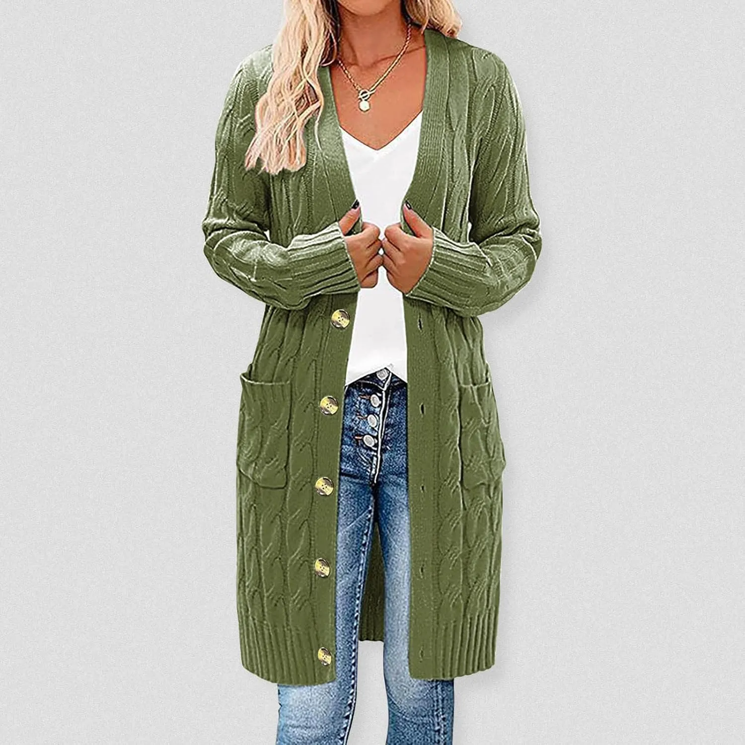 Wkishenl Women's Long Sleeve Cable Knit Long Cardigan Winter Fall Fashion Button Down Open Front Long Sweaters with Pockets