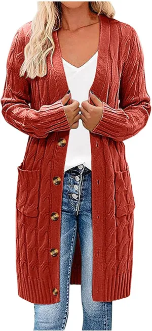 Wkishenl Women's Long Sleeve Cable Knit Long Cardigan Winter Fall Fashion Button Down Open Front Long Sweaters with Pockets