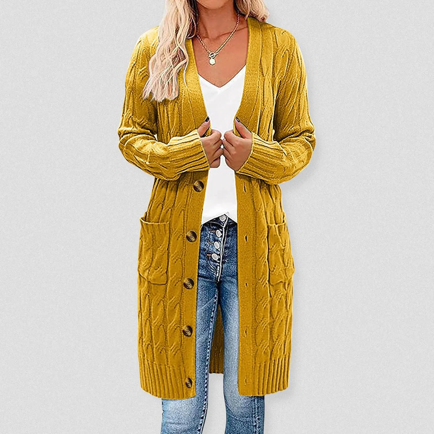 Wkishenl Women's Long Sleeve Cable Knit Long Cardigan Winter Fall Fashion Button Down Open Front Long Sweaters with Pockets