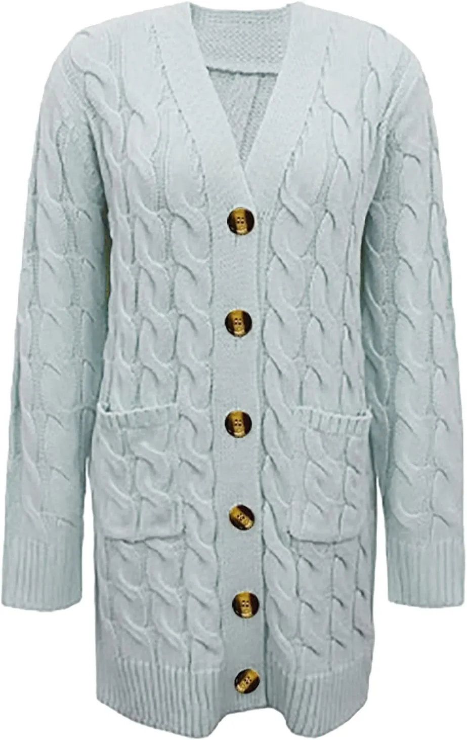 Wkishenl Women's Long Sleeve Cable Knit Long Cardigan Winter Fall Fashion Button Down Open Front Long Sweaters with Pockets