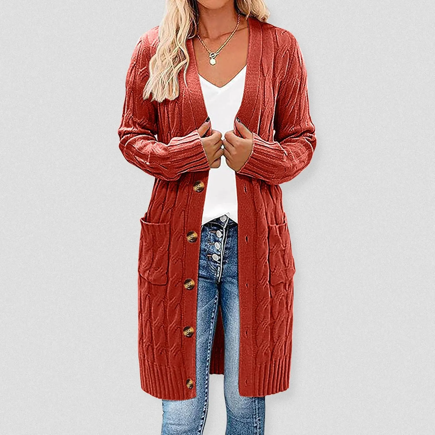 Wkishenl Women's Long Sleeve Cable Knit Long Cardigan Winter Fall Fashion Button Down Open Front Long Sweaters with Pockets