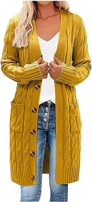 Wkishenl Women's Long Sleeve Cable Knit Long Cardigan Winter Fall Fashion Button Down Open Front Long Sweaters with Pockets