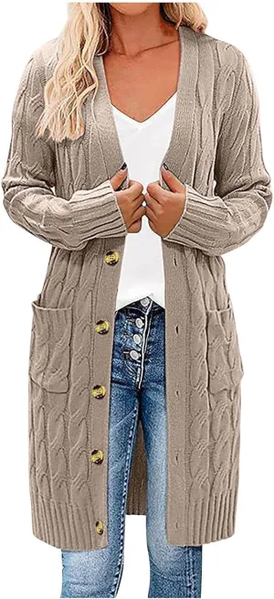 Wkishenl Women's Long Sleeve Cable Knit Long Cardigan Winter Fall Fashion Button Down Open Front Long Sweaters with Pockets