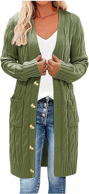 Wkishenl Women's Long Sleeve Cable Knit Long Cardigan Winter Fall Fashion Button Down Open Front Long Sweaters with Pockets
