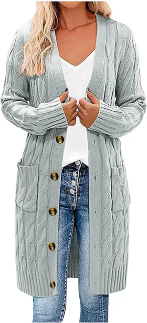 Wkishenl Women's Long Sleeve Cable Knit Long Cardigan Winter Fall Fashion Button Down Open Front Long Sweaters with Pockets