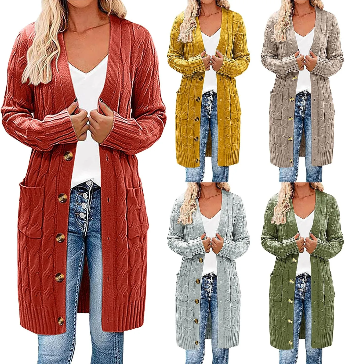 Wkishenl Women's Long Sleeve Cable Knit Long Cardigan Winter Fall Fashion Button Down Open Front Long Sweaters with Pockets