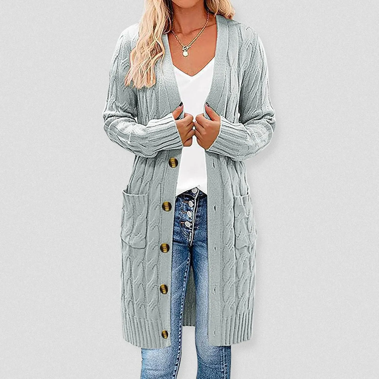 Wkishenl Women's Long Sleeve Cable Knit Long Cardigan Winter Fall Fashion Button Down Open Front Long Sweaters with Pockets