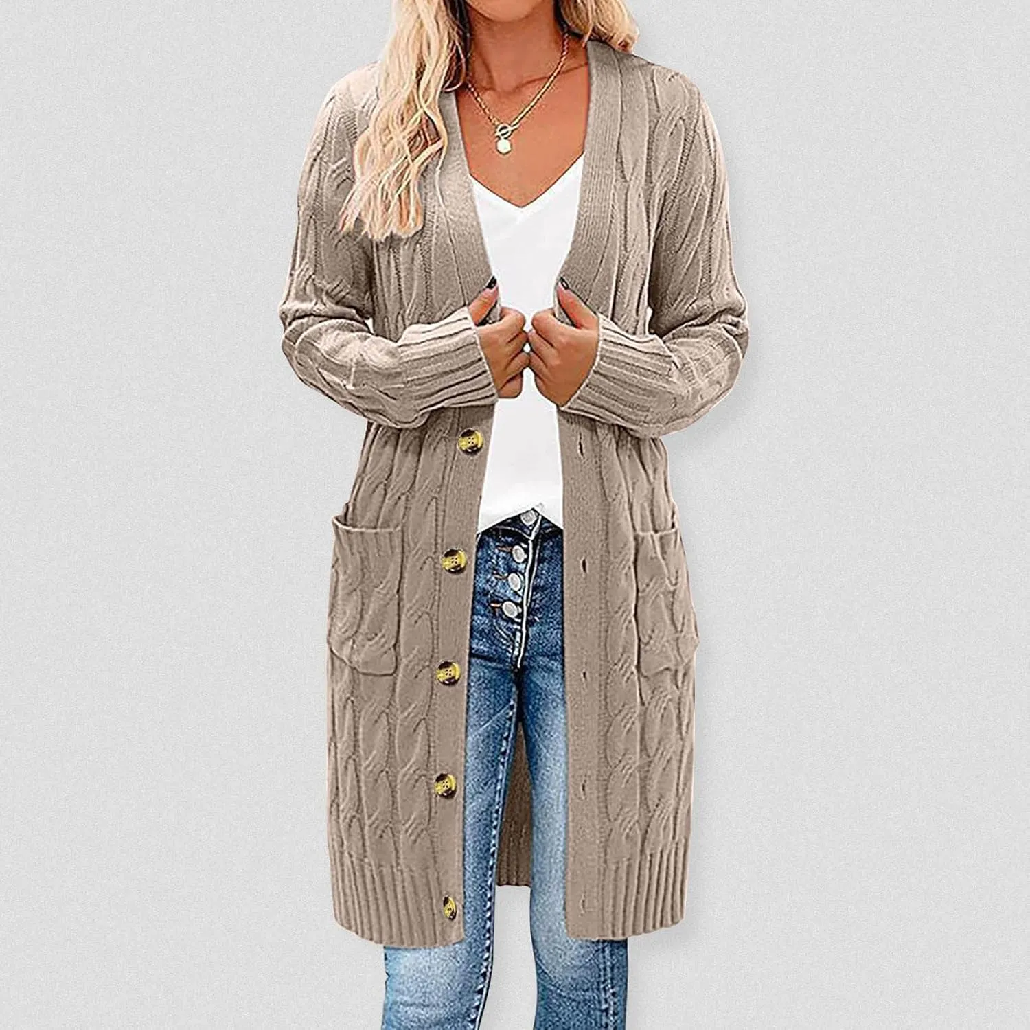 Wkishenl Women's Long Sleeve Cable Knit Long Cardigan Winter Fall Fashion Button Down Open Front Long Sweaters with Pockets