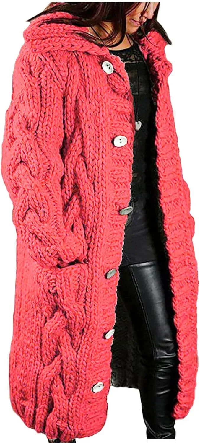 Wkishenl Women's Long Sleeve Cardigan Sweaters Oversized Button Down Cable Knit Coats Casual Open Front Long Sleeve Outerwear