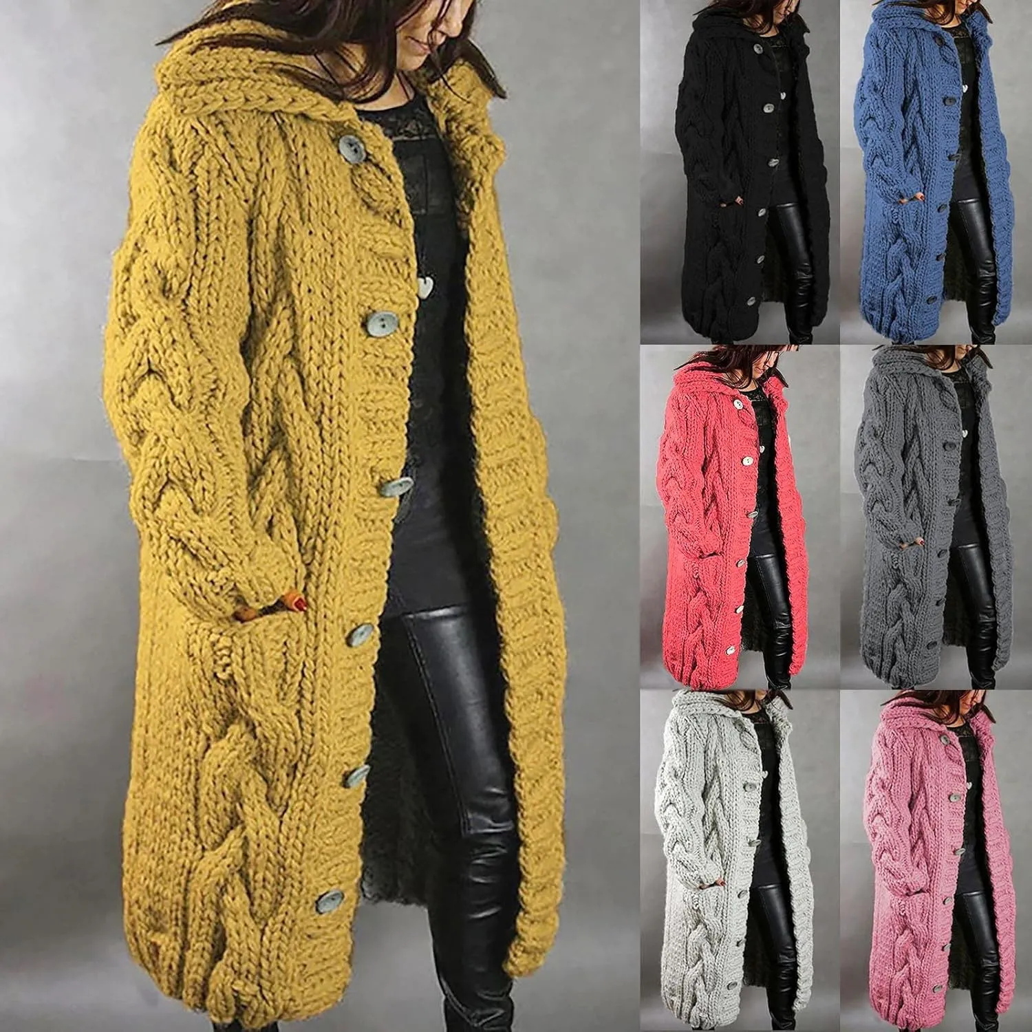 Wkishenl Women's Long Sleeve Cardigan Sweaters Oversized Button Down Cable Knit Coats Casual Open Front Long Sleeve Outerwear