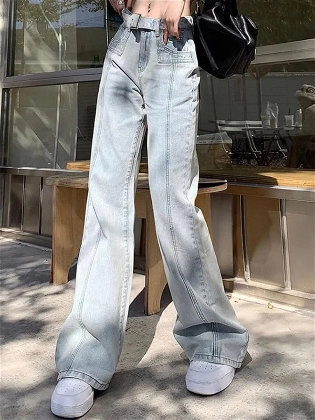 Woman High Waist Leg Jeans High Street Denim Straight Leg Pants Streetwear Trousers