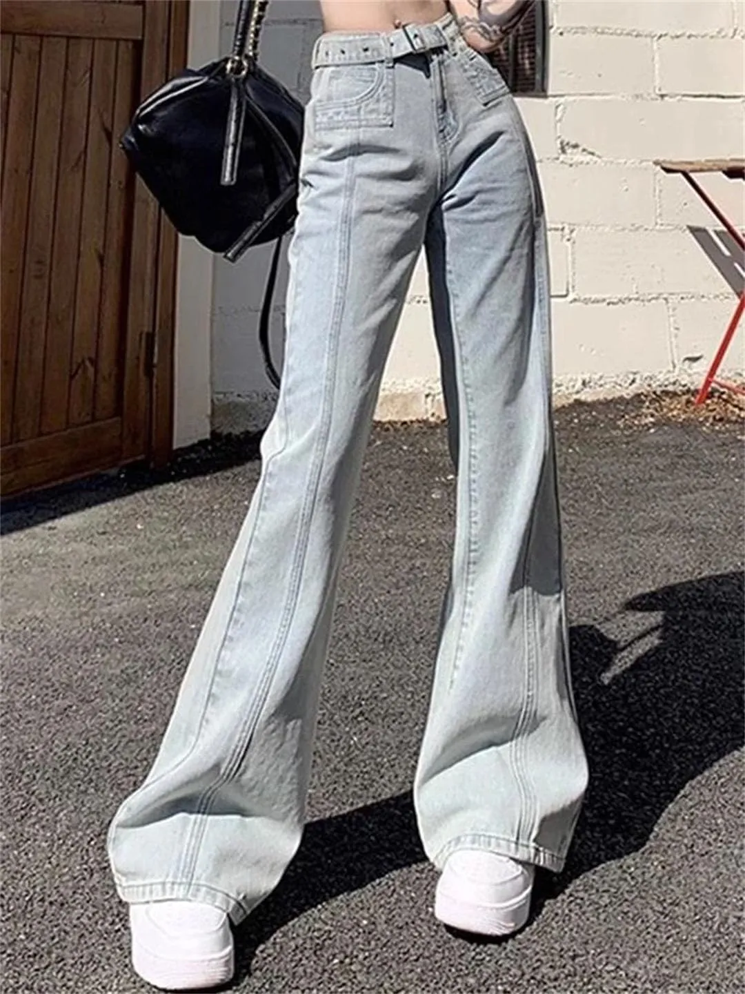 Woman High Waist Leg Jeans High Street Denim Straight Leg Pants Streetwear Trousers