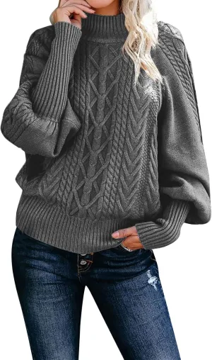 Women 2023 Fall Winter Sweater Mock Neck Balloon Sleeve Sweater Solid Lantern Sleeve Pullover Winter Chunky Sweater