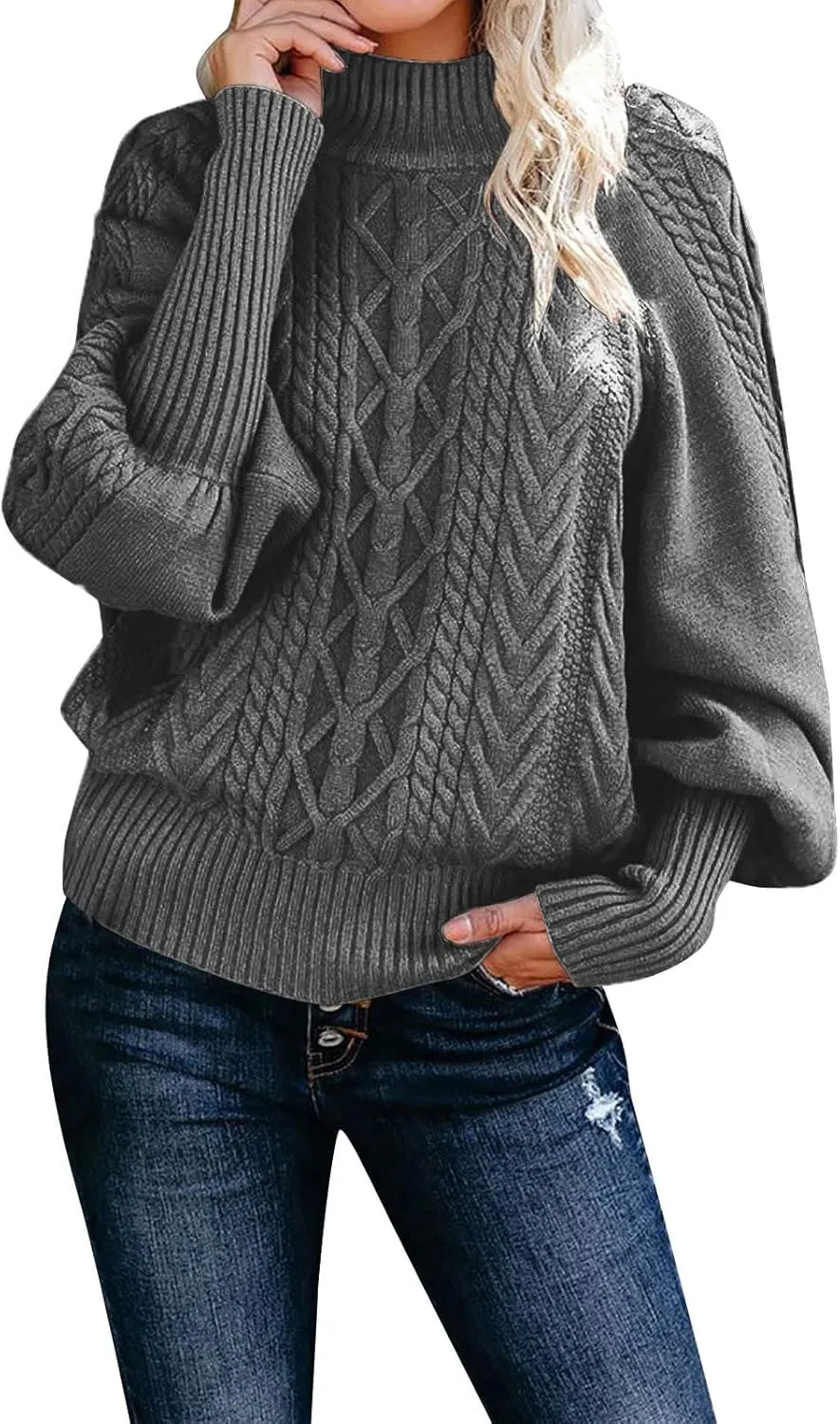 Women 2023 Fall Winter Sweater Mock Neck Balloon Sleeve Sweater Solid Lantern Sleeve Pullover Winter Chunky Sweater