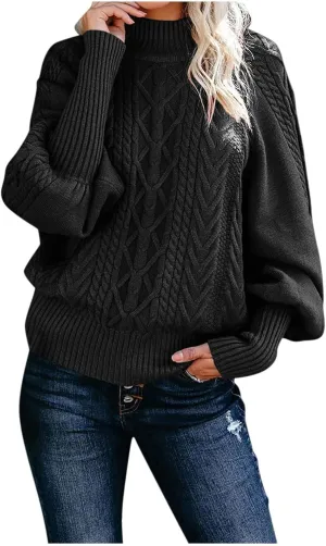 Women 2023 Fall Winter Sweater Mock Neck Balloon Sleeve Sweater Solid Lantern Sleeve Pullover Winter Chunky Sweater