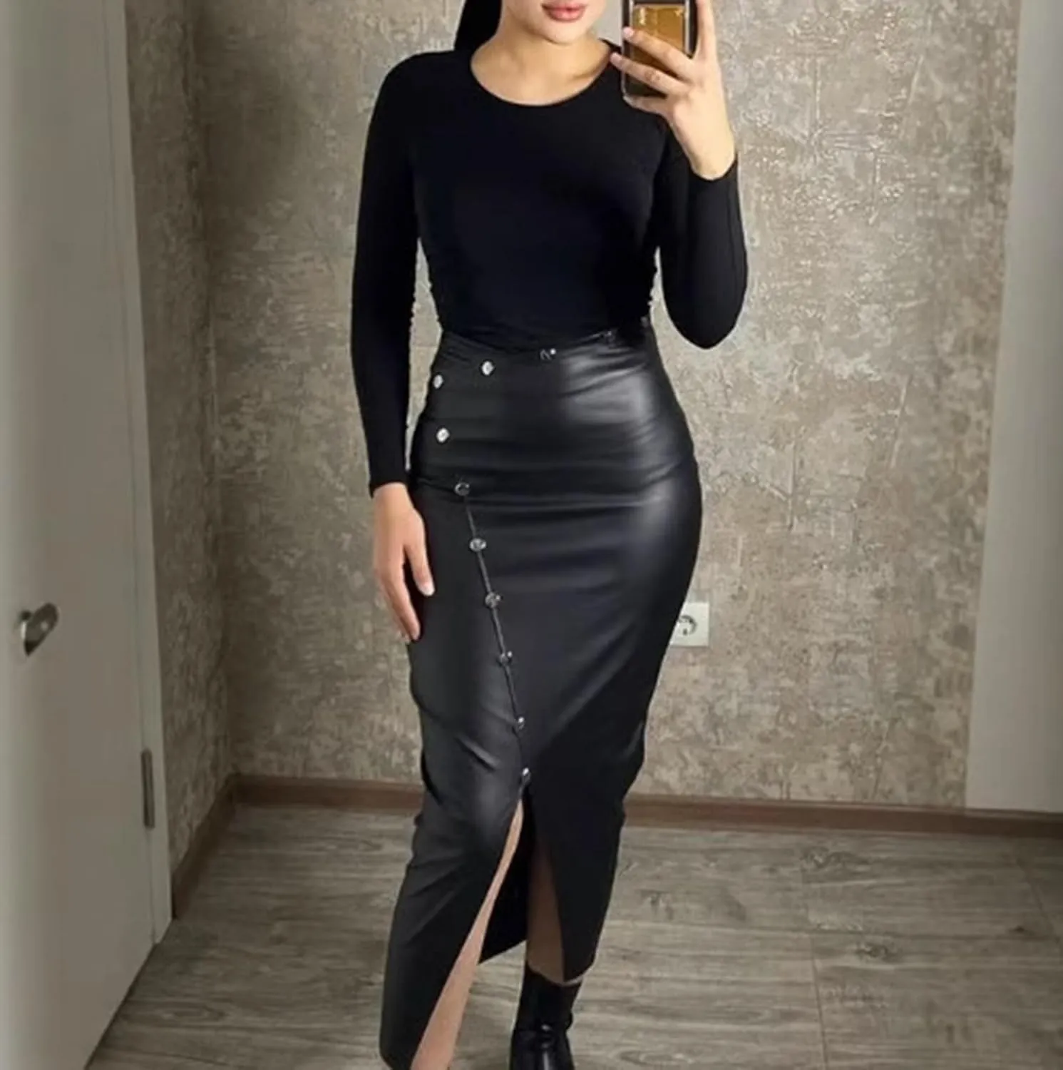 Women Black High Waisted Classic PU Slit Skirt Leather Bodycon Thigh Long Skirt
