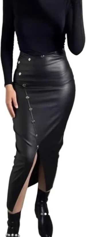 Women Black High Waisted Classic PU Slit Skirt Leather Bodycon Thigh Long Skirt