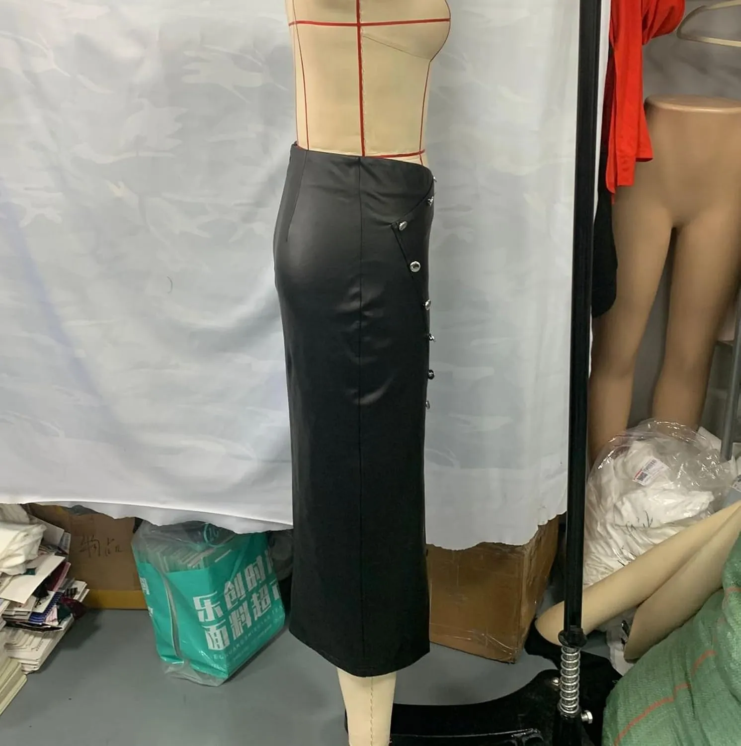 Women Black High Waisted Classic PU Slit Skirt Leather Bodycon Thigh Long Skirt