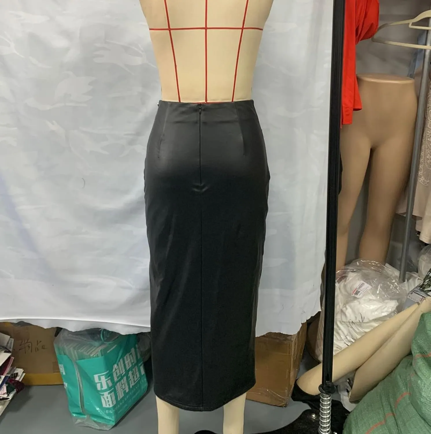 Women Black High Waisted Classic PU Slit Skirt Leather Bodycon Thigh Long Skirt