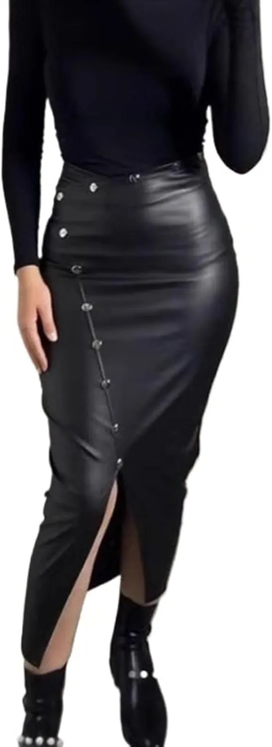 Women Black High Waisted Classic PU Slit Skirt Leather Bodycon Thigh Long Skirt