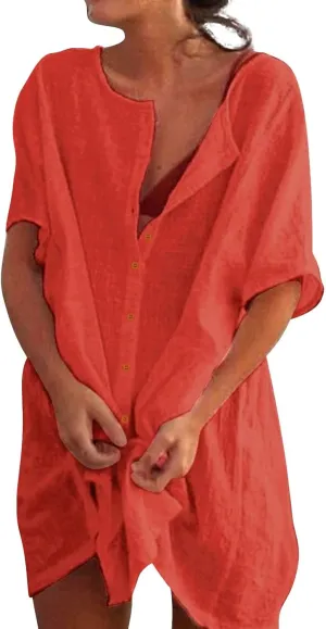 Women Button Up Shirts Cotton Linen Roll up Sleeve V Neck Soft Shirts Casual Loose Fit Work Blouse Tunic Top
