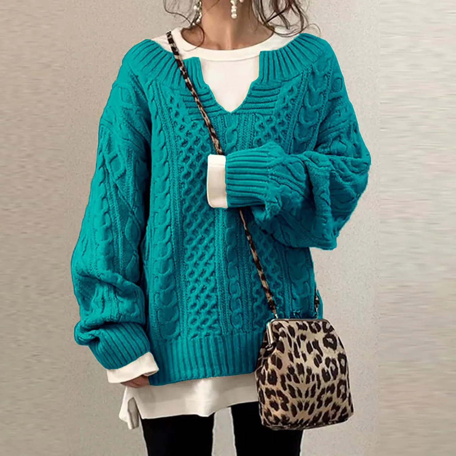 Women Cable Knitted Sweaters 2023 Fall V Neck Chunky Ribbed Sweaters Oversized Pullover Jumper Tops Fashion Outfits