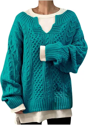Women Cable Knitted Sweaters 2023 Fall V Neck Chunky Ribbed Sweaters Oversized Pullover Jumper Tops Fashion Outfits