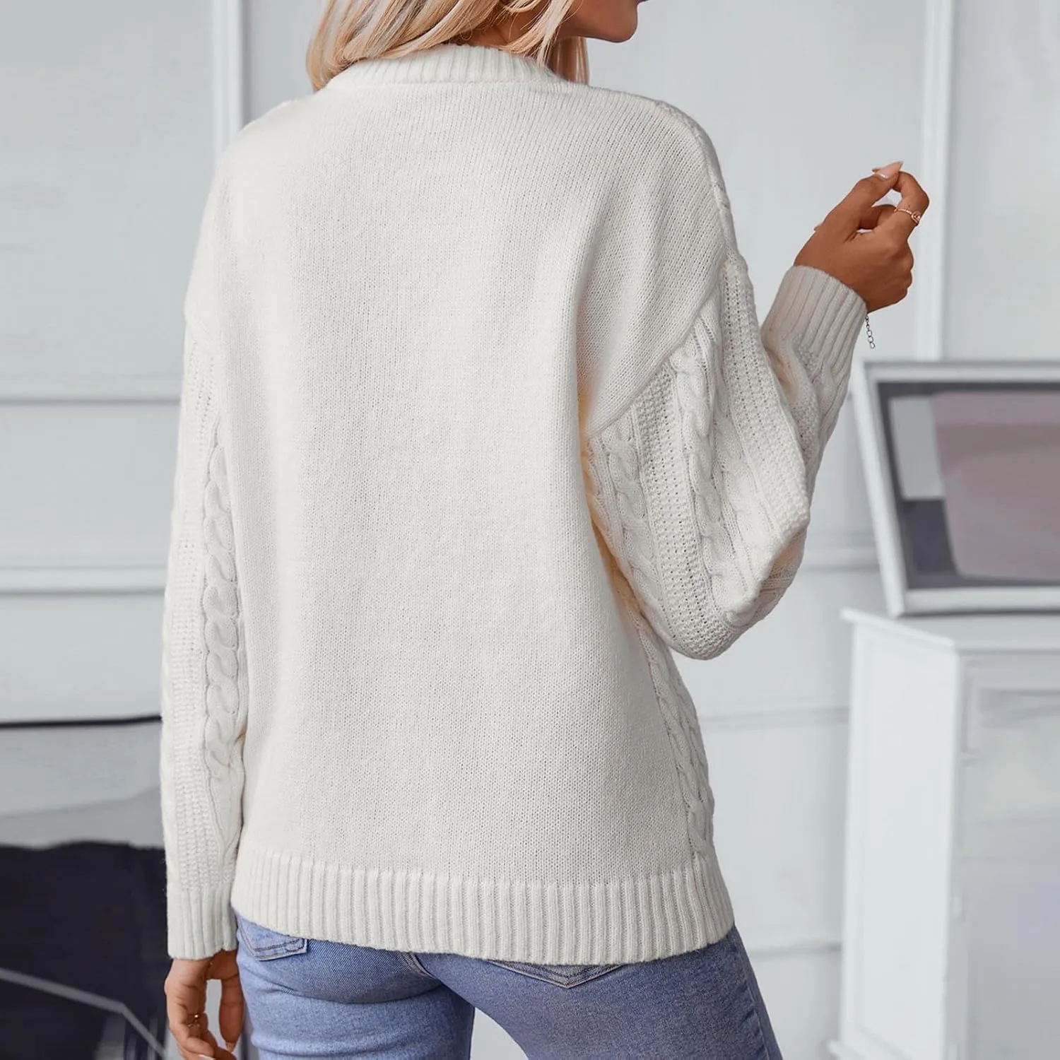 Women Cable Knitted Sweaters Oversized Mock Neck Sweaters Comfy Solid Soft Long Sleeve Pullover Chunky Knit Sweaters