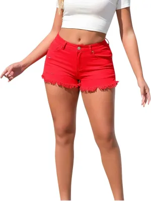 Women Casual High Waisted Washed Denim Shorts Vintage Solid Color Frayed Raw Jeans Shorts Summer Trendy Shorts