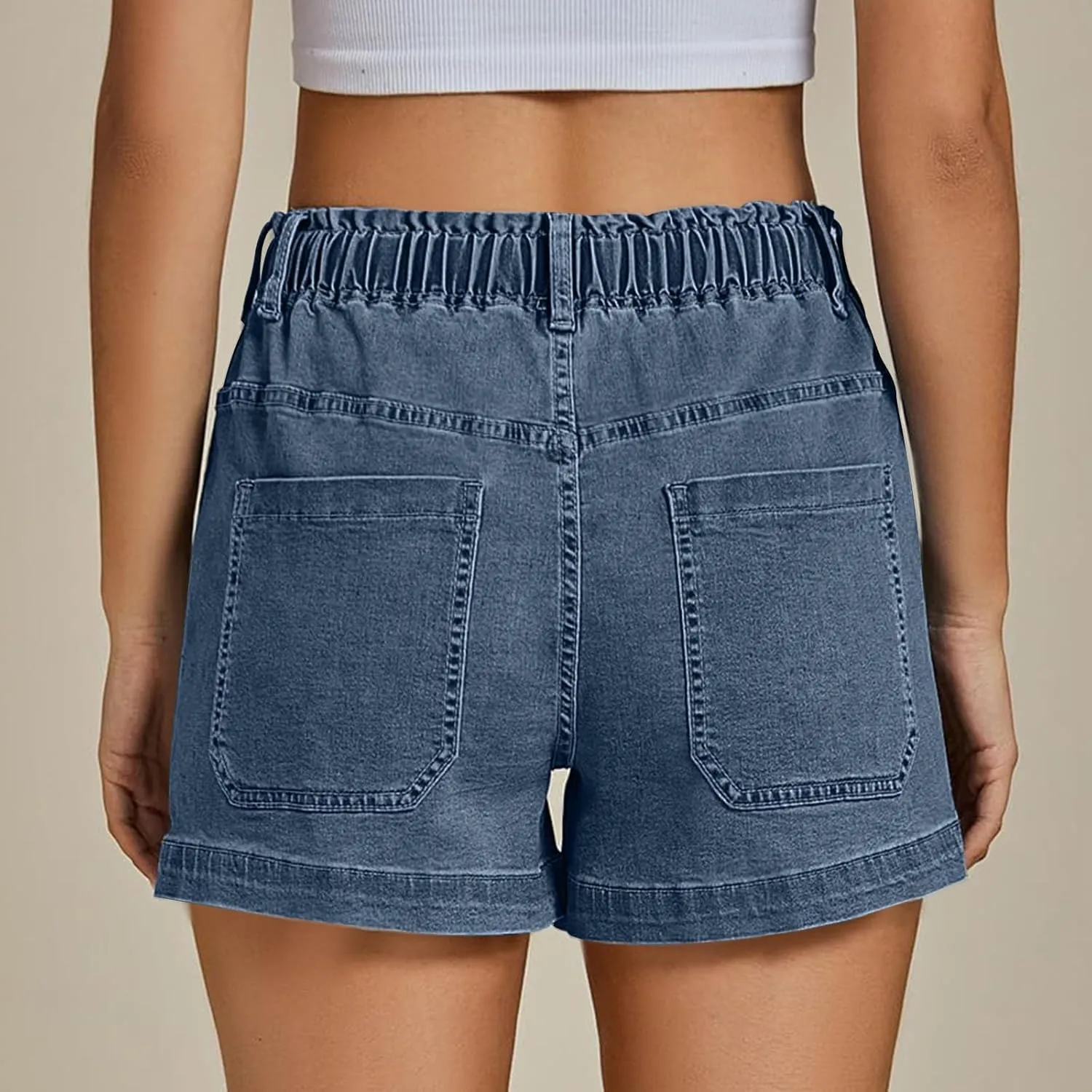 Women Casual Loose Denim Shorts Drawstring Pocket Mid-High Waisted Jean Shorts Cutoff Stretchy Summer Hot Short Pants