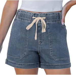 Women Casual Loose Denim Shorts Drawstring Pocket Mid-High Waisted Jean Shorts Cutoff Stretchy Summer Hot Short Pants