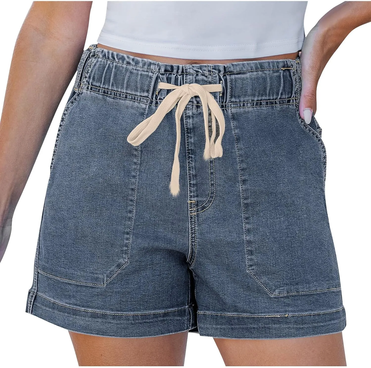 Women Casual Loose Denim Shorts Drawstring Pocket Mid-High Waisted Jean Shorts Cutoff Stretchy Summer Hot Short Pants