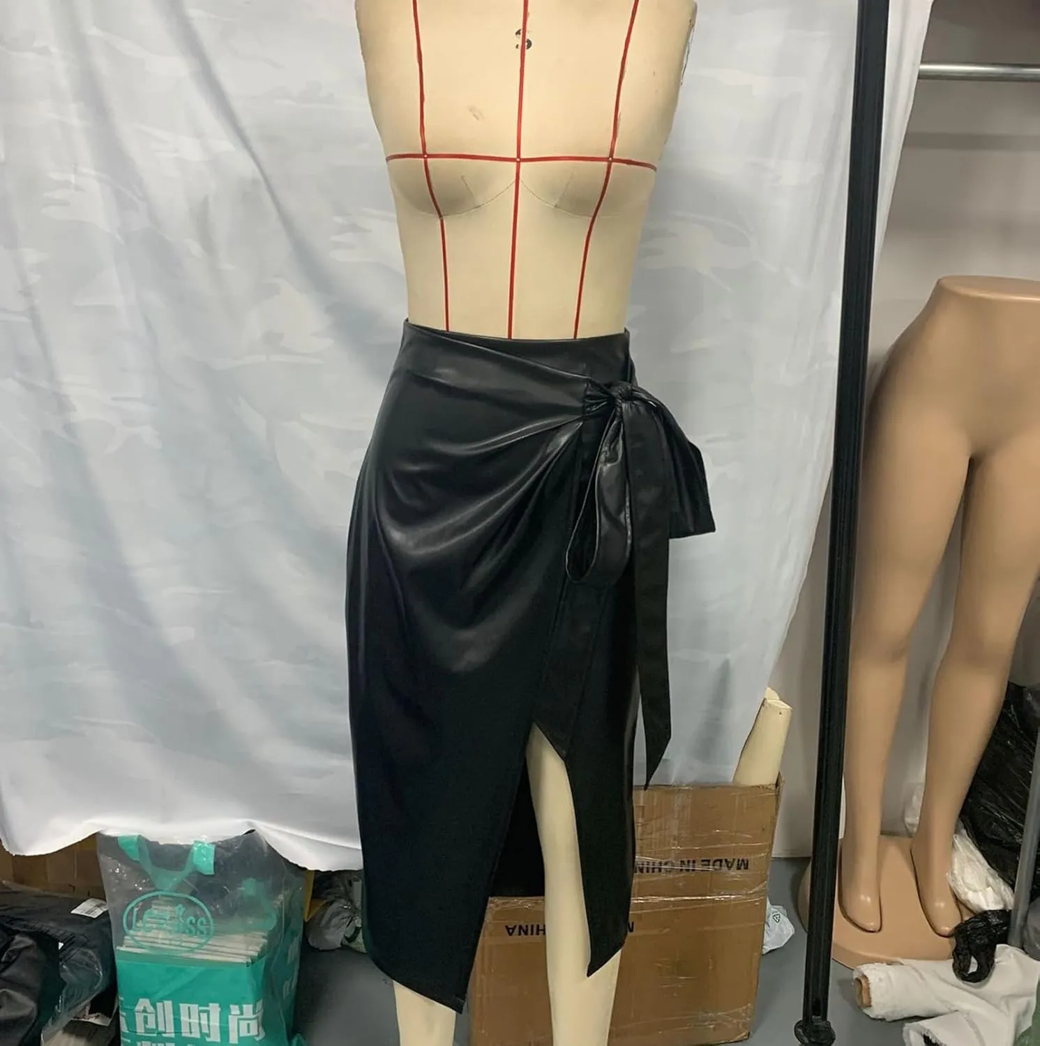 Women Classic Black PU Leather Bodycon Thigh Long Skirt High Waisted Slit Skirt