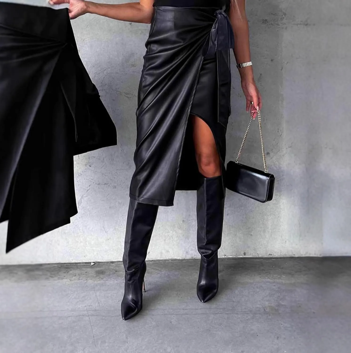 Women Classic Black PU Leather Bodycon Thigh Long Skirt High Waisted Slit Skirt