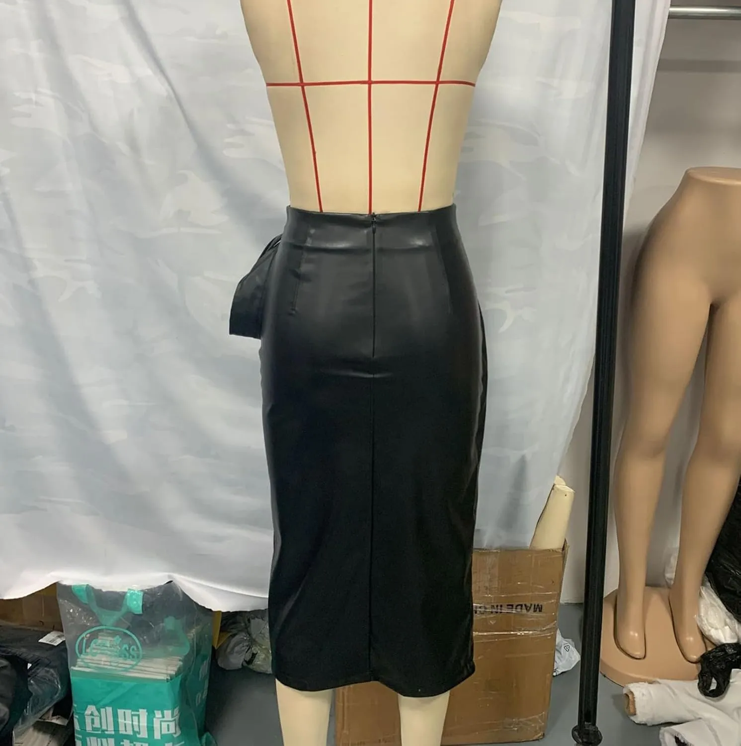 Women Classic Black PU Leather Bodycon Thigh Long Skirt High Waisted Slit Skirt
