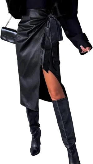 Women Classic Black PU Leather Bodycon Thigh Long Skirt High Waisted Slit Skirt