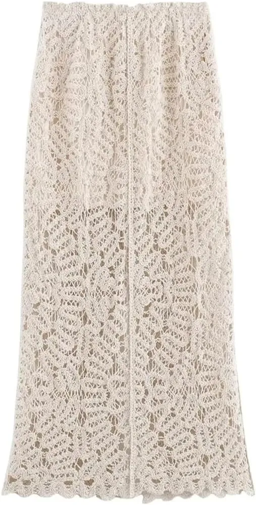 Women Crochet Knitted Hollow Out Maxi Skirts Solid Color Slim Fit Pleated Slit Skirt